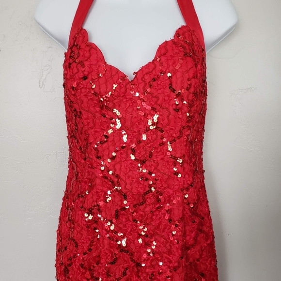 Bari-Jay Vintage Women's Red Sequin Halter Top Mini Dress Scallop Formal Fancy - Picture 12 of 14